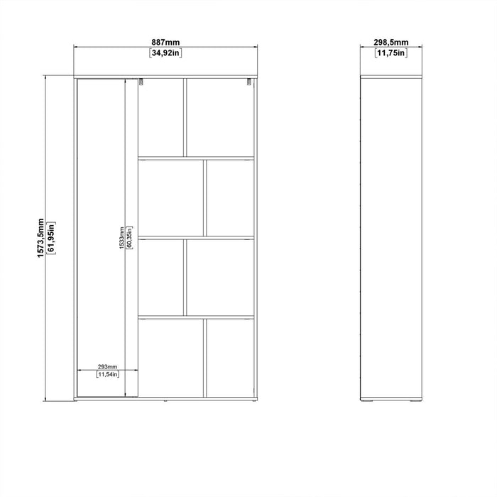 Maze Bookcase with 1 Door in Jackson Hickory and White High Gloss