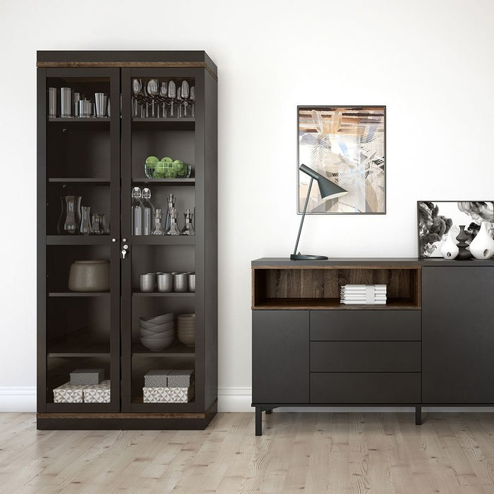 Roomers Display Cabinet Glazed 2 Doors in Black and Walnut