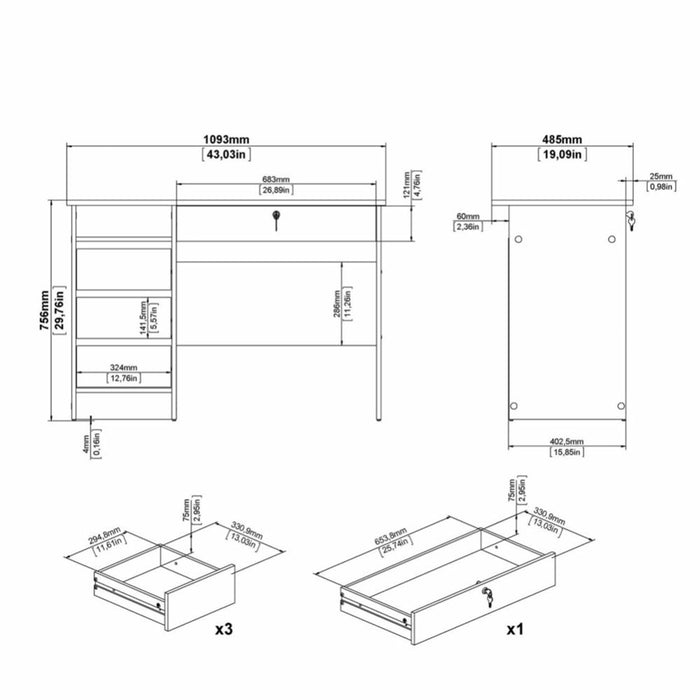 Function Plus 4 Drawer Desk Handleless Drawer in Black