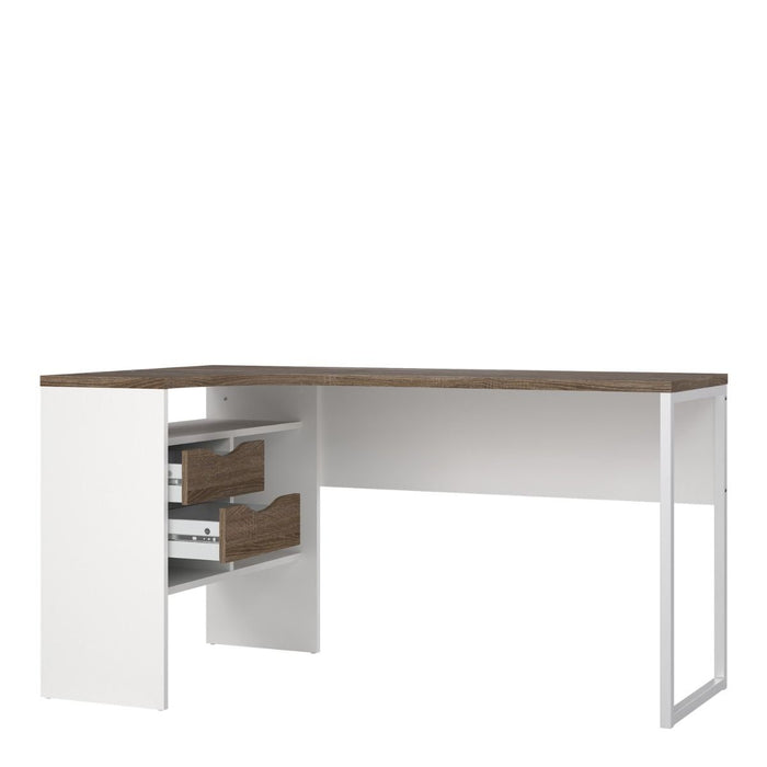 Function Plus Corner Desk 2 Drawers in White and Truffle Oak