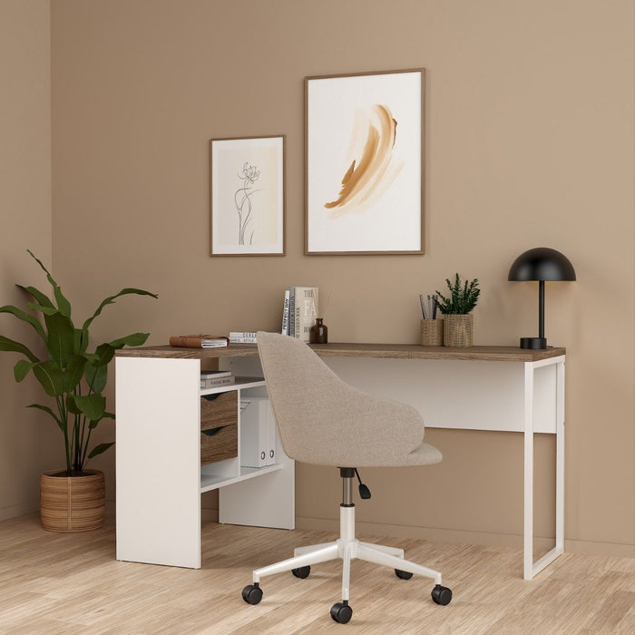 Function Plus Corner Desk 2 Drawers in White and Truffle Oak