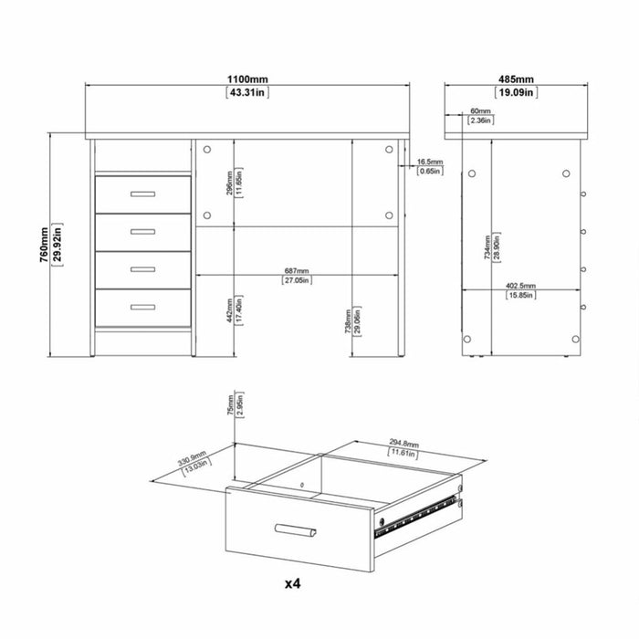 Function Plus 4 Drawer Desk in White