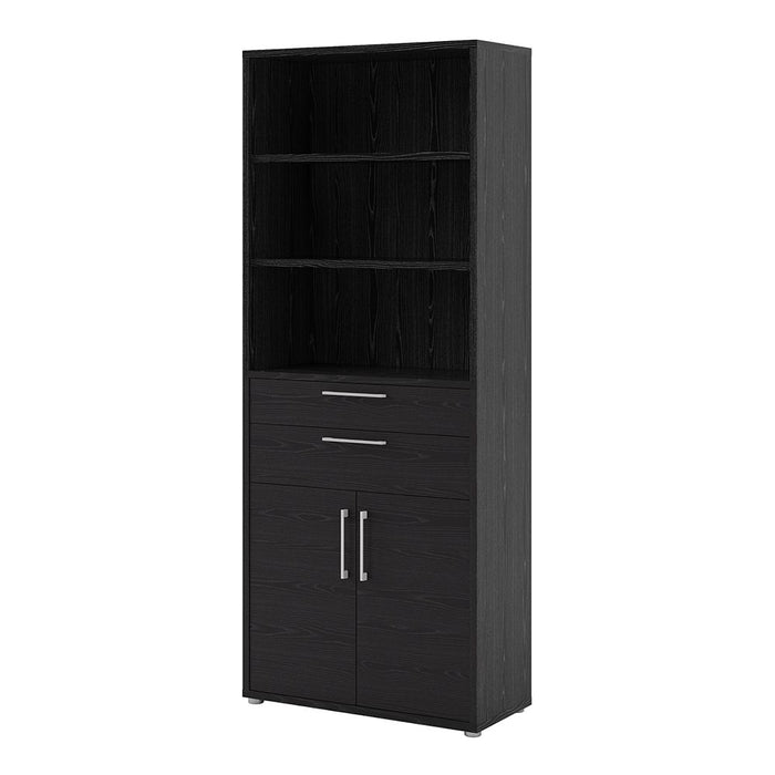 Prima Bookcase 3 Shelves with 2 Drawers 2 Doors In Black Woodgrain