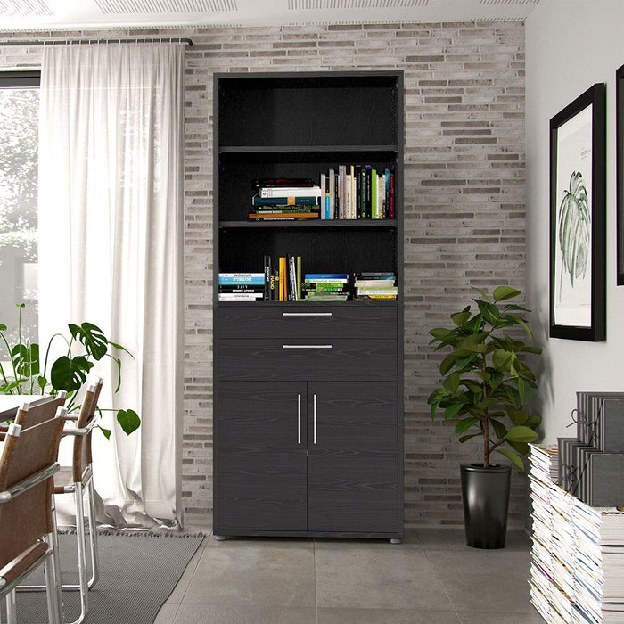 Prima Bookcase 3 Shelves with 2 Drawers 2 Doors In Black Woodgrain