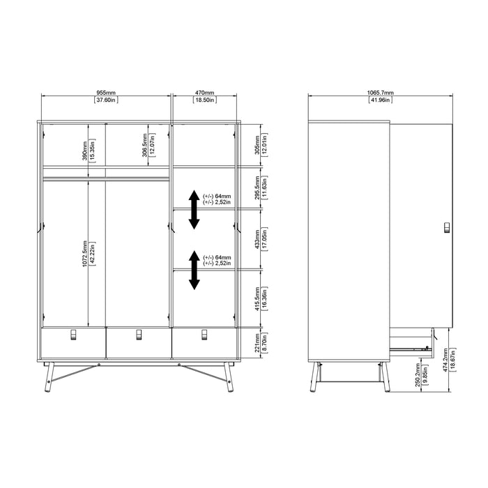 Ry Wardrobe 3 Doors 3 Drawers in Jackson Hickory Oak