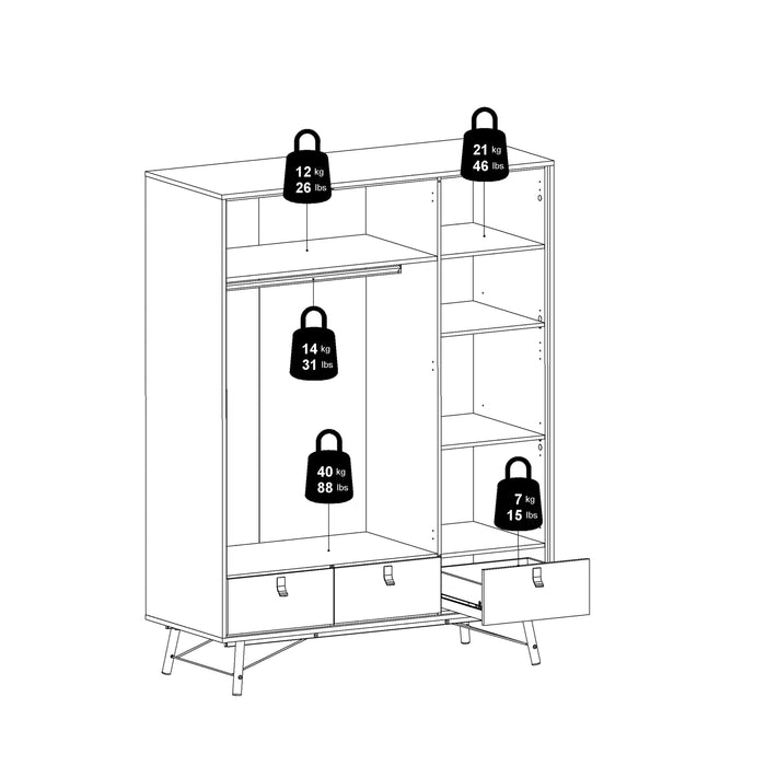 Ry Wardrobe 3 Doors 3 Drawers in Jackson Hickory Oak