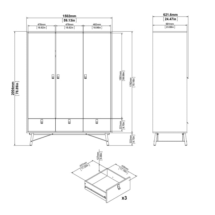 Ry Wardrobe 3 Doors 3 Drawers in Jackson Hickory Oak