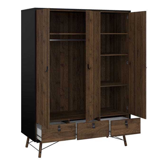 Ry Package - Wardrobe 3 doors + 3 drawers + Double chest of drawers 6 drawers + Bedside cabinet 2 drawer in Matt Black Walnut