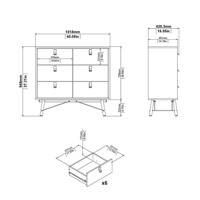 Ry Package - Wardrobe 3 doors + 3 drawers + Double chest of drawers 6 drawers + Bedside cabinet 2 drawer in Matt White