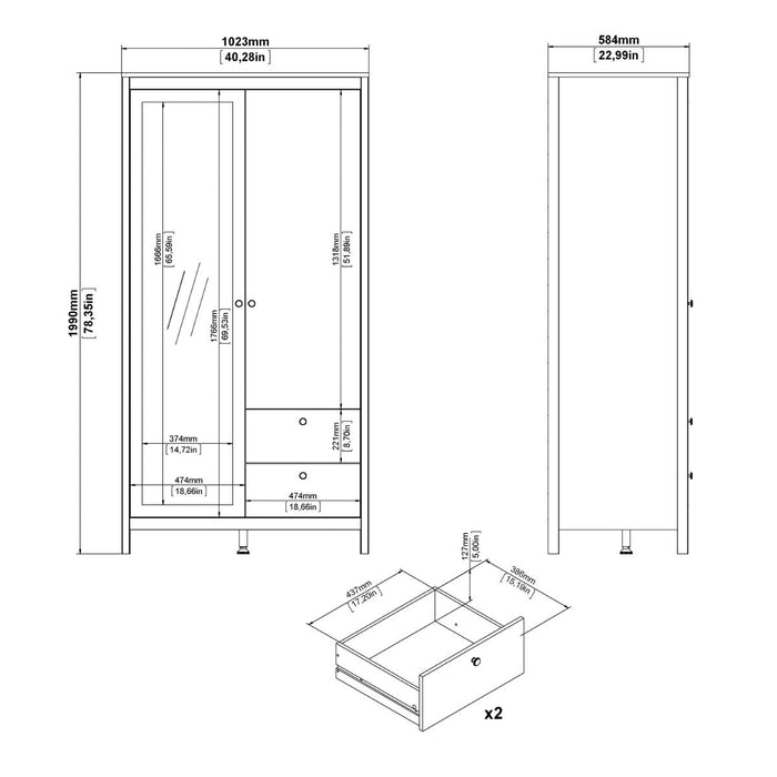 Barcelona Wardrobe with 1 Door 1 Mirror Door 2 Drawers in Matt Black