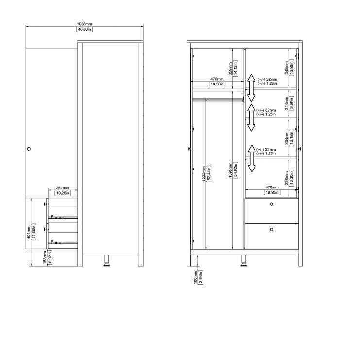 Barcelona Wardrobe with 1 Door 1 Mirror Door 2 Drawers in Matt Black