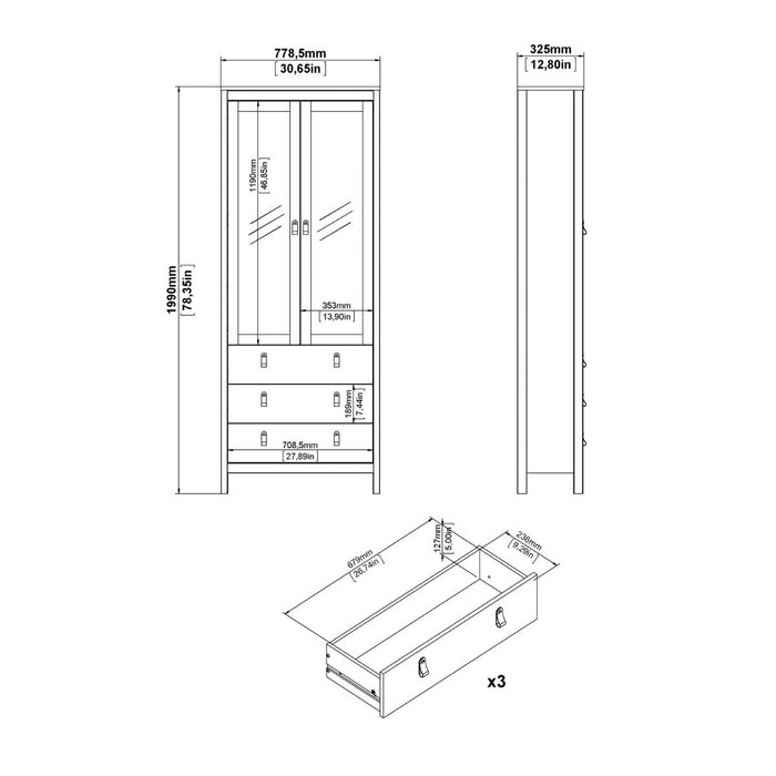 Madrid China Cabinet 2 Glass Doors with 3 Drawers in White