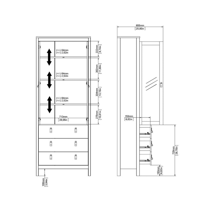 Madrid China Cabinet 2 Glass Doors with 3 Drawers in White