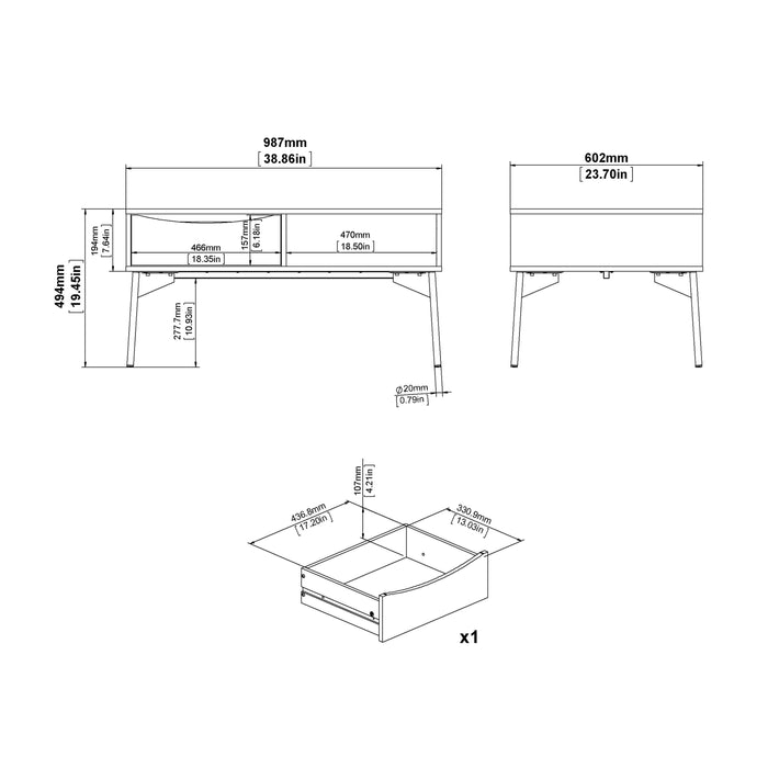 Fur Coffee Table with 1 Drawer in Grey, White and Walnut