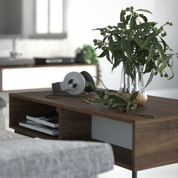 Fur Coffee Table with 1 Drawer in Grey, White and Walnut