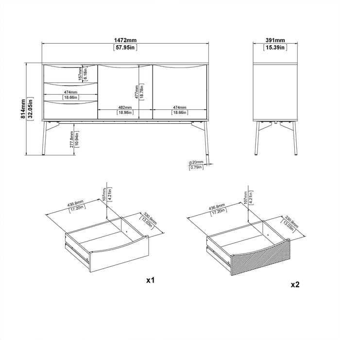 Fur Sideboard 2 Doors 3 Drawers in Grey and White