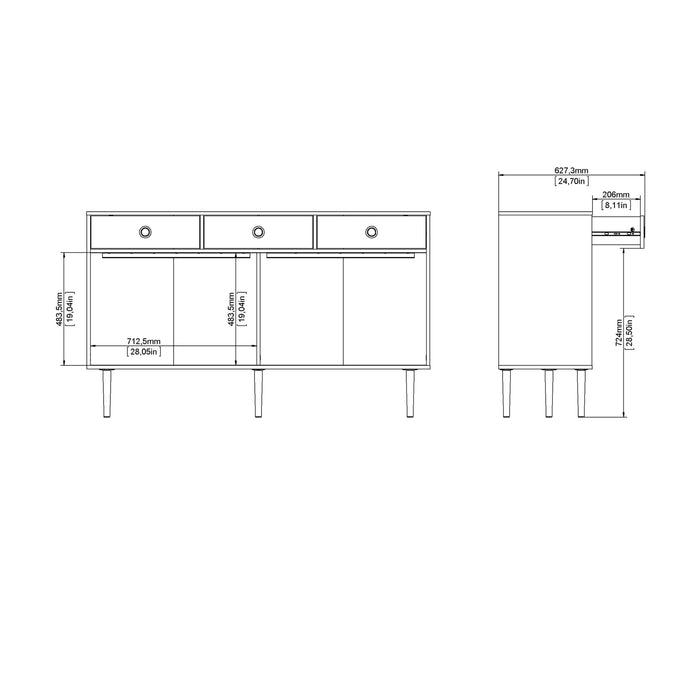 Rome Sideboard 2 Sliding Doors 3 Drawers in Jackson Hickory Oak and Matt Black