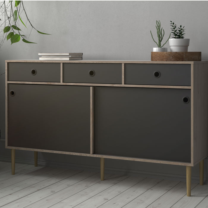 Rome Sideboard 2 Sliding Doors 3 Drawers in Jackson Hickory Oak and Matt Black