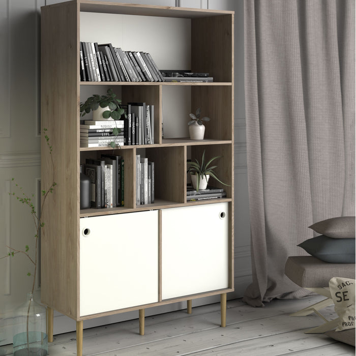 Rome Bookcase 2 Sliding Doors in Jackson Hickory Oak and Matt White