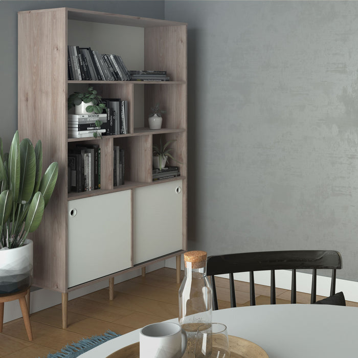 Rome Bookcase 2 Sliding Doors in Jackson Hickory Oak and Matt White