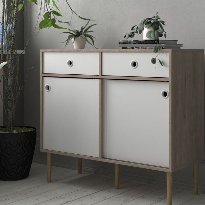 Rome Sideboard 2 Sliding Doors 2 Drawers in Jackson Hickory Oak and Matt White