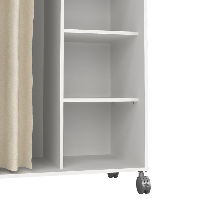 Uppsala Open Mobile Wardrobe Unit in White with a Beige Textile Curtain on Wheels