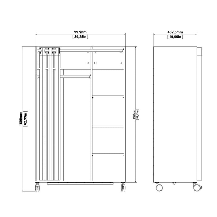 Uppsala Open Mobile Wardrobe Unit in White with a Beige Textile Curtain on Wheels