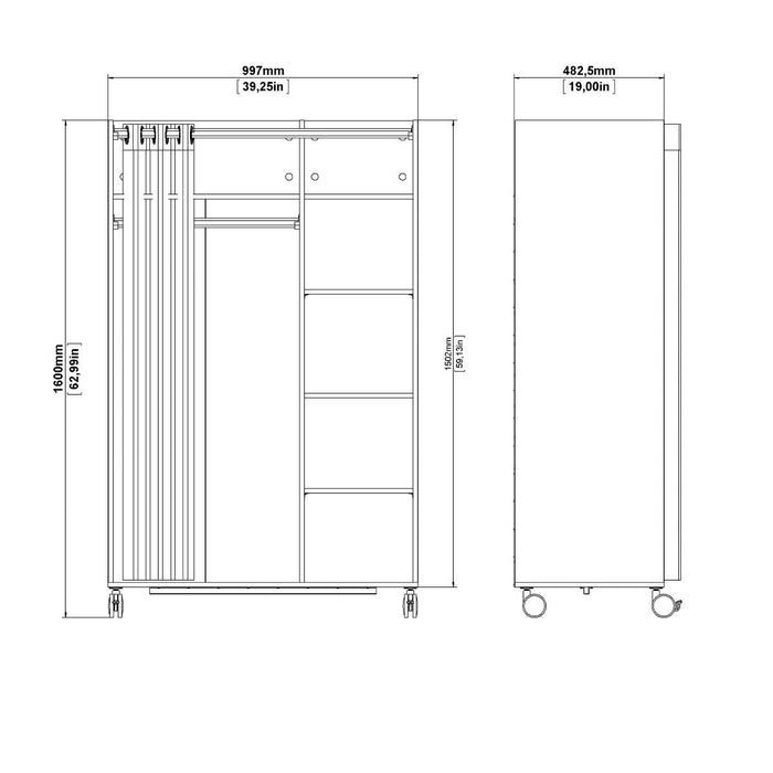 Uppsala Open Mobile Wardrobe Unit in Jackson Hickory Oak with a Beige Textile Curtain on Wheels