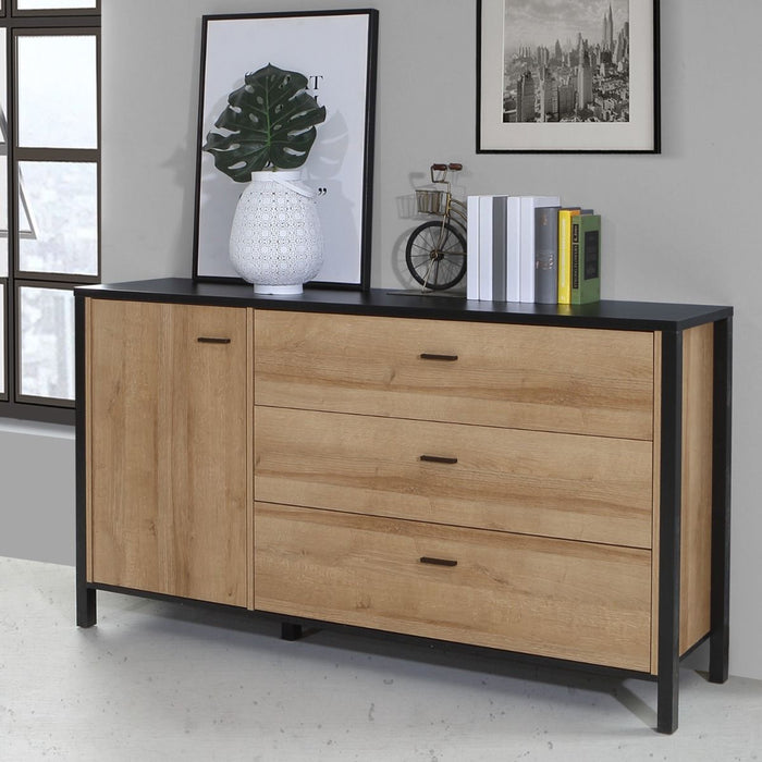 High Rock 1 Door 3 Drawer Sideboard in Matt Black/Riviera Oak