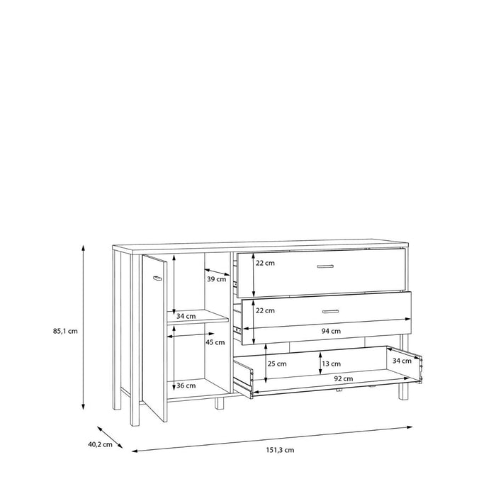 High Rock 1 Door 3 Drawer Sideboard in Matt Black/Riviera Oak