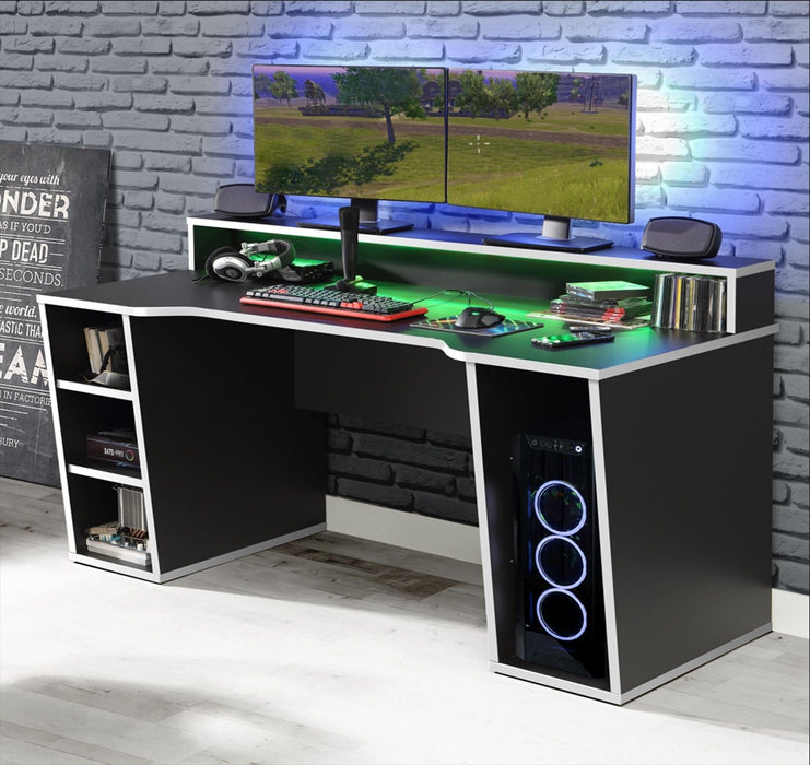 Tezaur Black Gaming Desk with White Trim and Colour Changing LED